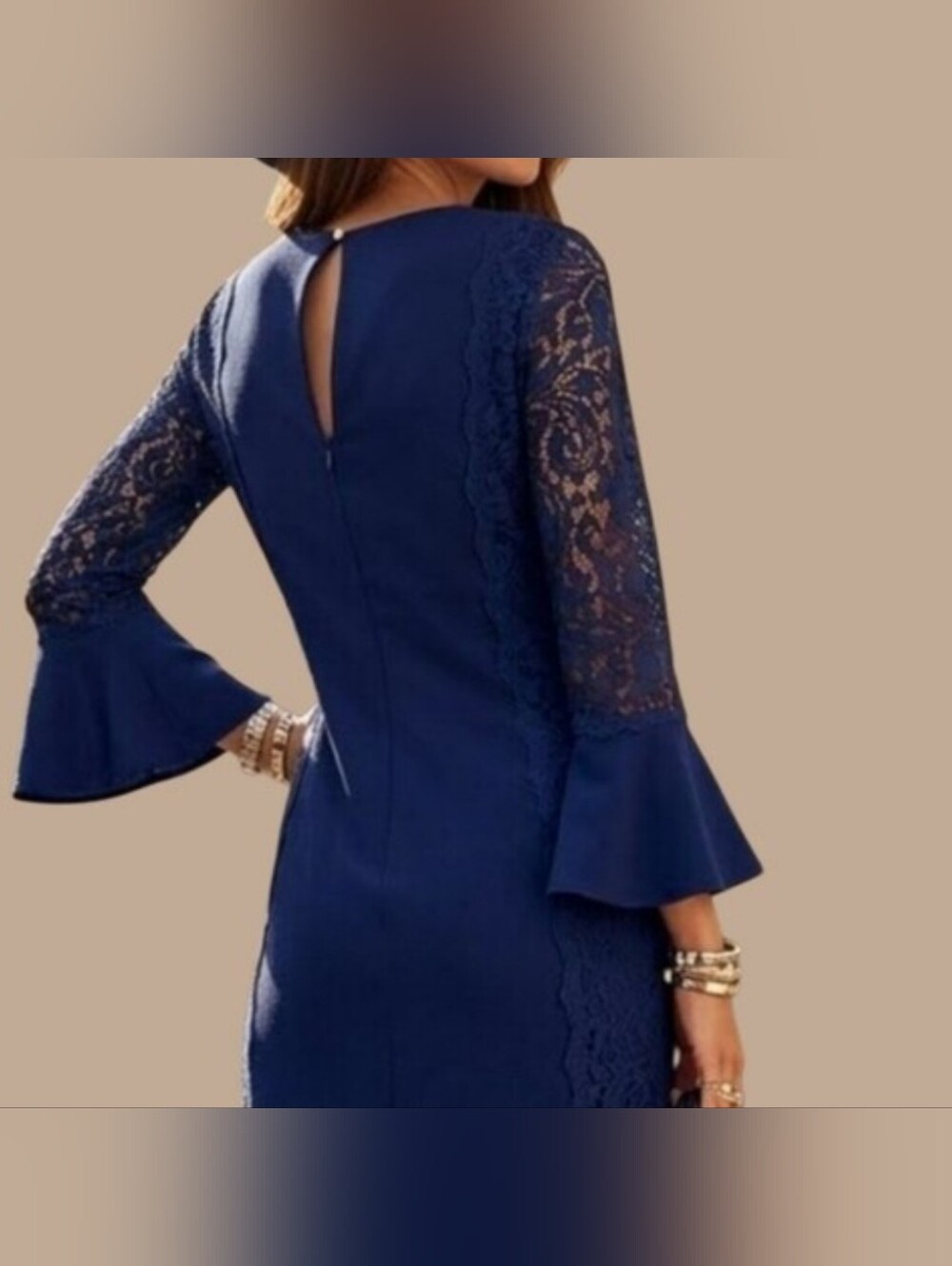 Kensie Navy Lace Bell-Sleeve Long Sleeve Dress